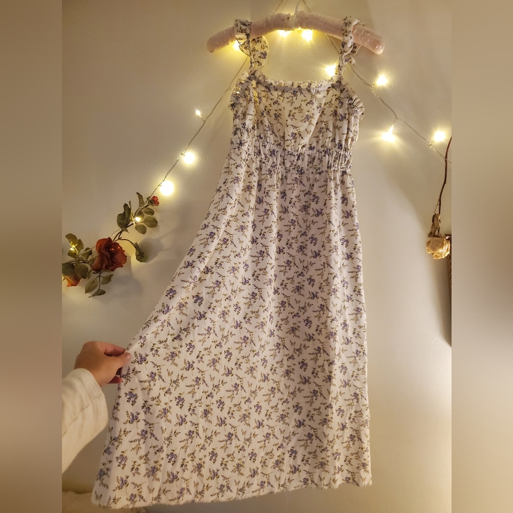 Lavender Print Mini Slip Dress. Milkmaid Top